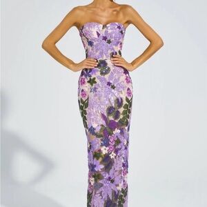 Catchall Kevin Floral Strapless Embroidered Sequins Purple Dress